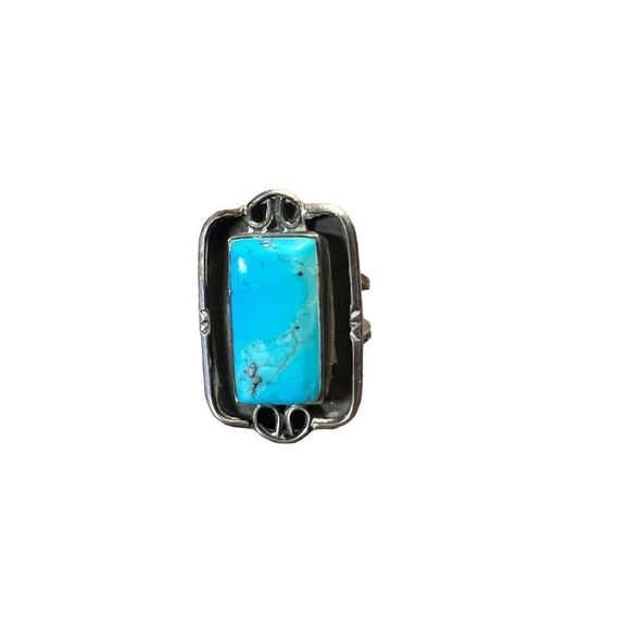 Vintage Southwestern Solid Silver Large Kingman Turquoise Totem Ring Size 5.5 - Picture 13 of 14